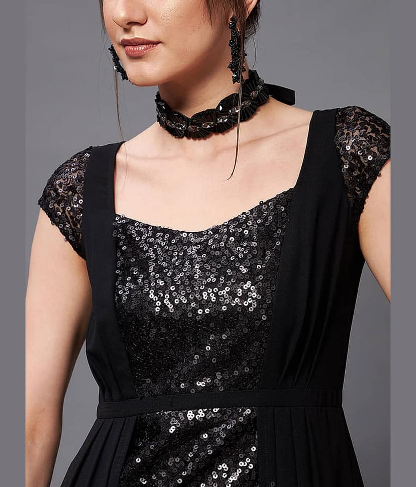 Miss Chase Women Georgette Embellished Fit & Flare Dress ( Black ) view 2