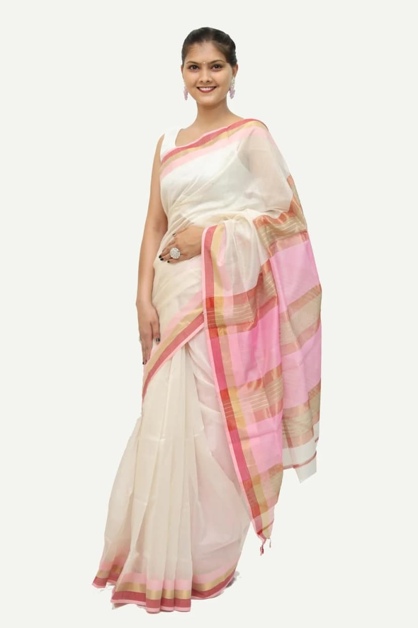 Epic Heritage Kosa Pallu White handloom Saree with Tassels