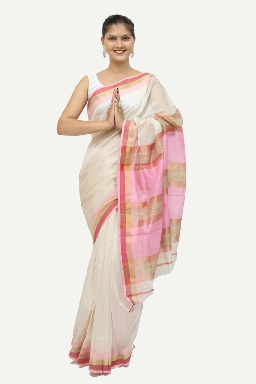 Epic Heritage Kosa Pallu White handloom Saree with Tassels view 3