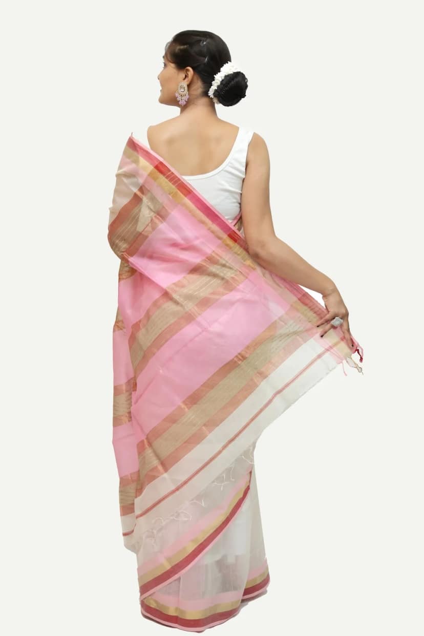 Epic Heritage Kosa Pallu White handloom Saree with Tassels view 4