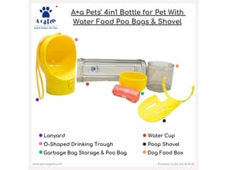 A+a Pets Dog Water Bottle, Pet Portable Water Bottle with 500ML Water Tank, Dog Food Storage, Poop Shovel & Garbage Bag, Leak Proof Button Design - 500 Millilitre - Yellow