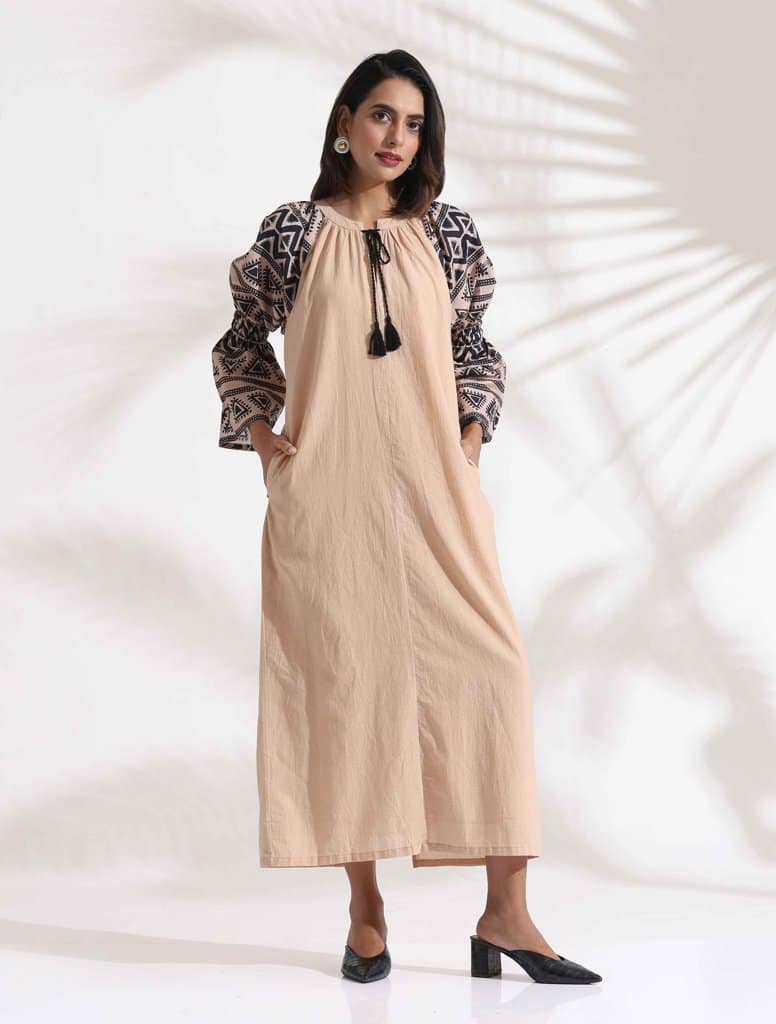 trueBrowns Beige Cotton Print Long Dress - Beige (2XL) view 2