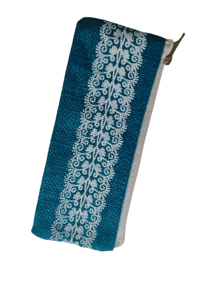 Handcrafted Blue Jute Pencil Pouch with White Floral Embroidery and Zipper Closure view 2