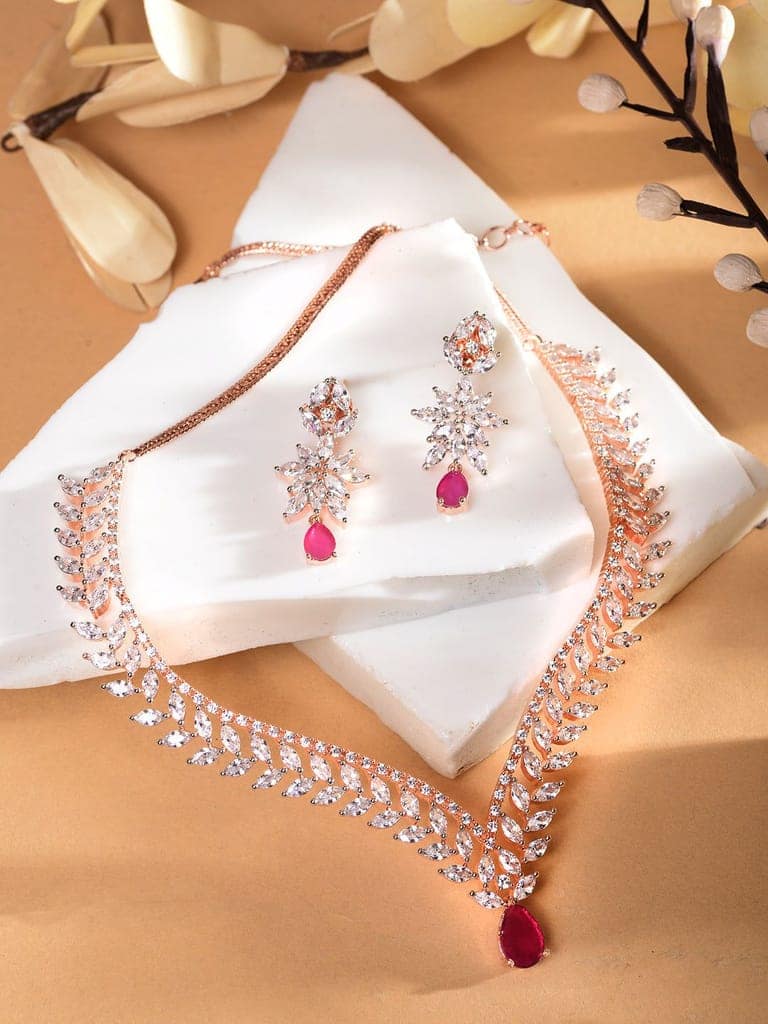 Rose Gold Plated Red AD Studded Statement Necklace Jewellery Set view 2