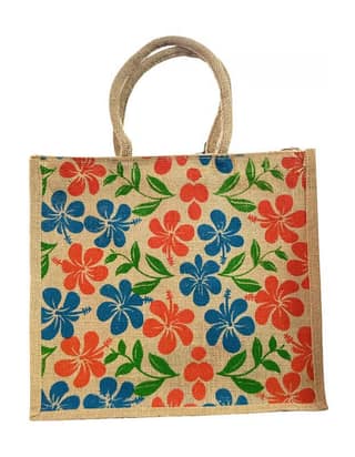 Vibrant Floral Jute Tote Bag | Eco-Friendly Reusable Shopping Bag with Hibiscus Print