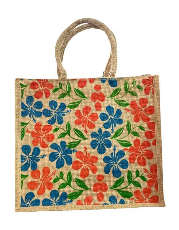 Vibrant Floral Jute Tote Bag | Eco-Friendly Reusable Shopping Bag with Hibiscus Print