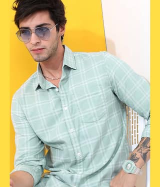 Highlander Cotton Blend Slim Fit Checks Full Sleeves Men's Casual Shirt - Mint Green ( Pack of 1 )