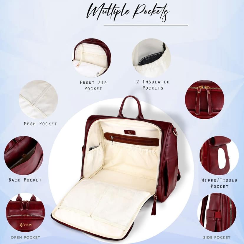 VISMIINTREND Diaper Bags for Mother & New Born Baby | Premium Pu Leather Maternity Bag | Convertible | Anti Theft | Trolley Sleeve | Travel Messenger Bag | Gift for Baby Shower, Moms to Be view 5