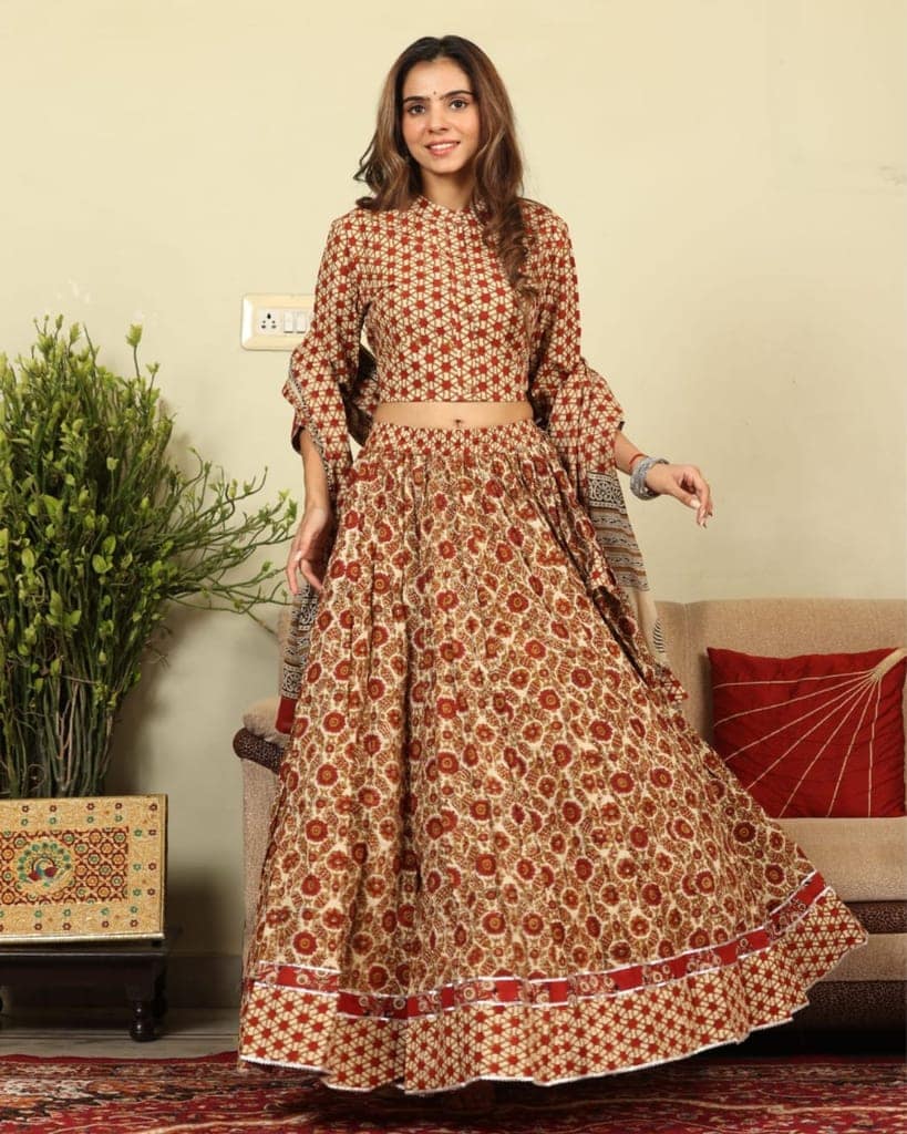 Handblock Printed Cotton Lehanga And Top With Mulmul Dupatta (Size 34-46) Cream Orange Color-7364