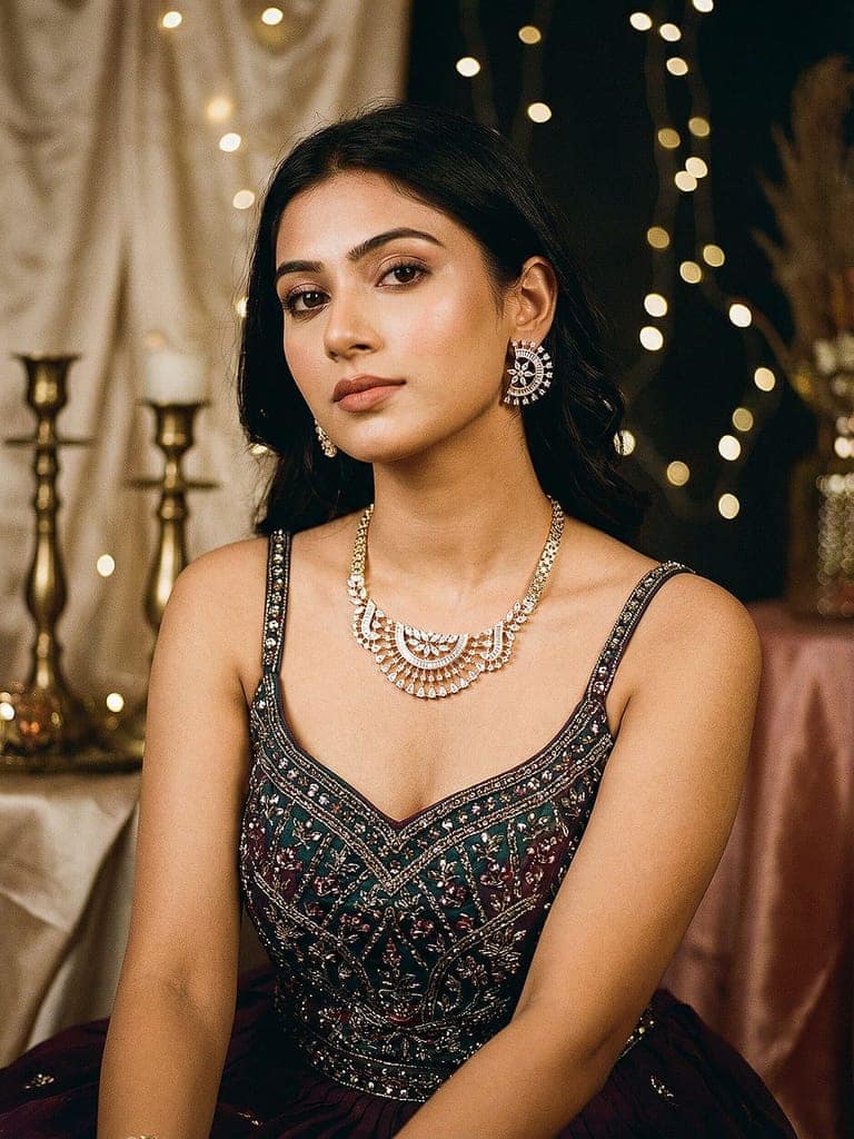 Gold Toned White AD Zircon Studded Long Haram Chain Necklace Jewellery Set view 3