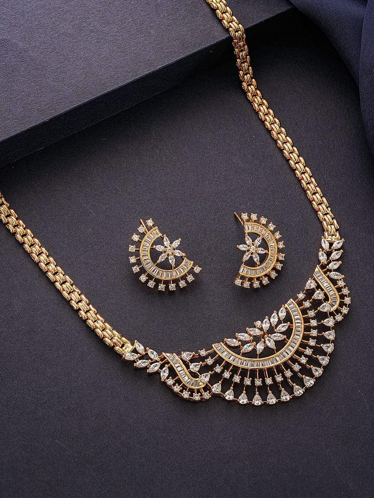 Gold Toned White AD Zircon Studded Long Haram Chain Necklace Jewellery Set view 4