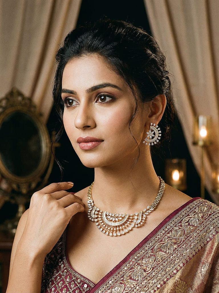 Gold Toned White AD Zircon Studded Long Haram Chain Necklace Jewellery Set view 5