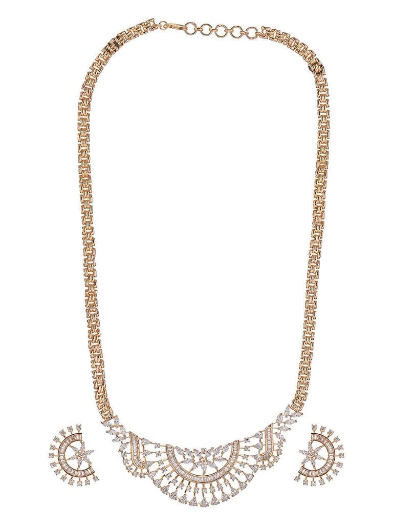 Gold Toned White AD Zircon Studded Long Haram Chain Necklace Jewellery Set view 7