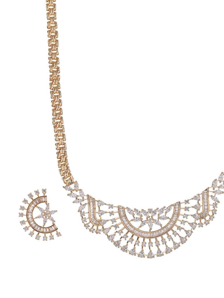 Gold Toned White AD Zircon Studded Long Haram Chain Necklace Jewellery Set view 8