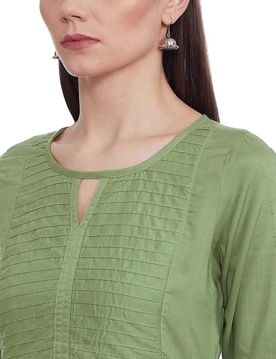 Green Rayon Embroidered A-Line Kurta with Round Neck and 3/4th Sleeves view 4