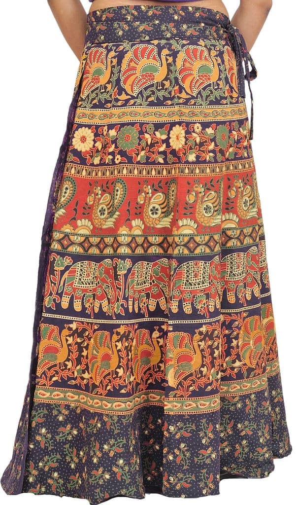Patriot-Blue Wrap-Around Sanganeri Skirt with Printed Marriage Procession view 2