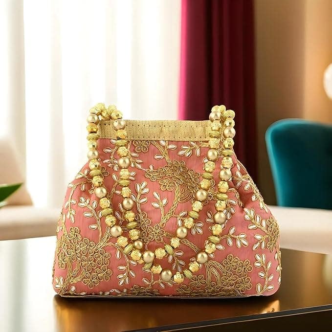 Pink Hand Embroidered Potli Bag with Pearl Beads Handle for Women