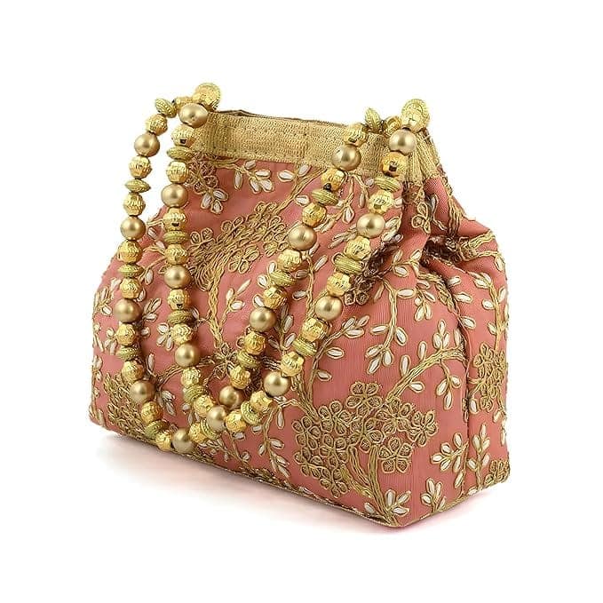 Pink Hand Embroidered Potli Bag with Pearl Beads Handle for Women view 2