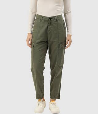 Women Olive Green Regular Fit Paneled Solid Cargo Trousers