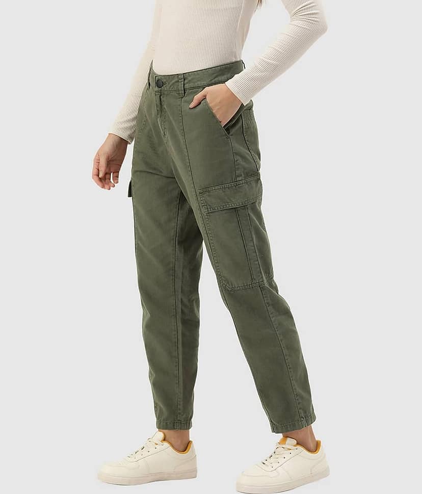 Women Olive Green Regular Fit Paneled Solid Cargo Trousers view 3