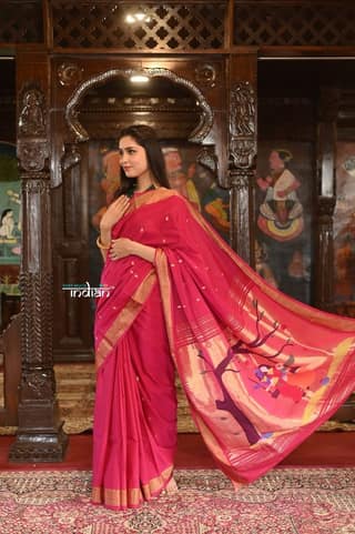 Authentic Handloom Pure Cotton Paithani With Traditional Radha Krishna Pallu~ Red Delight