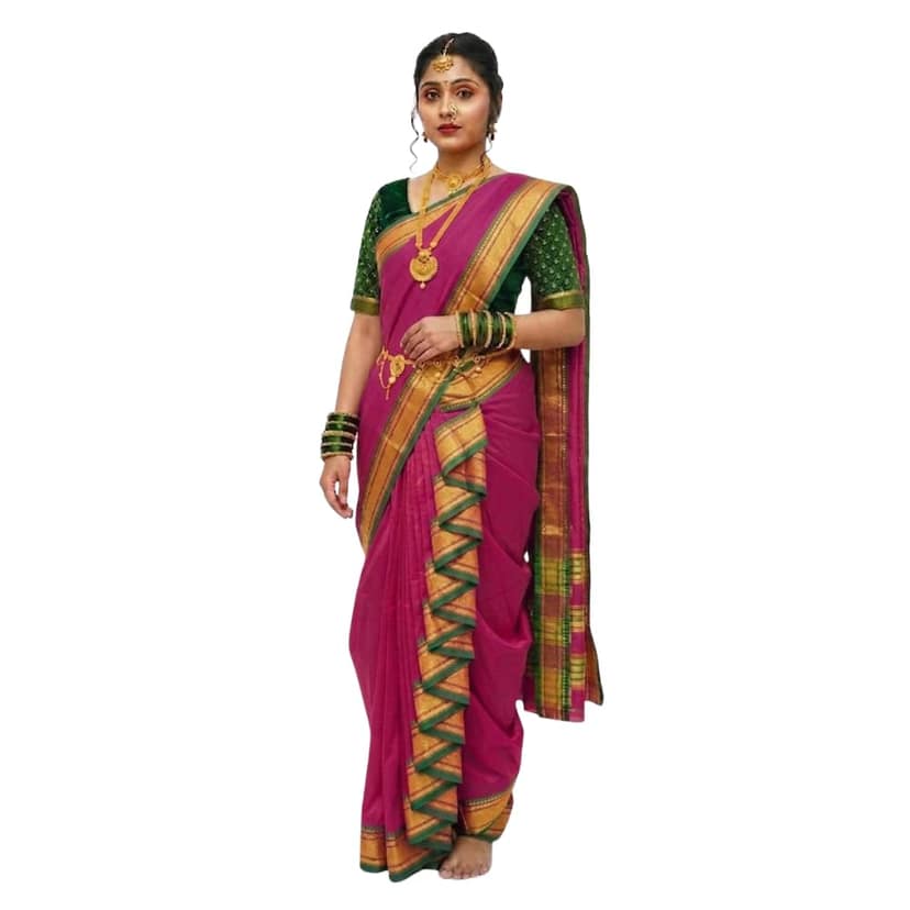 Mom and Me Women Acrylic Cotton Paithani Woven Mastani Nauvari Saree, Ready to Wear, Maharashtrian Marathi Style, Colours Blue, Green, Purple, Morpankhi, Orange, Pink, Red, Yellow (Pink)