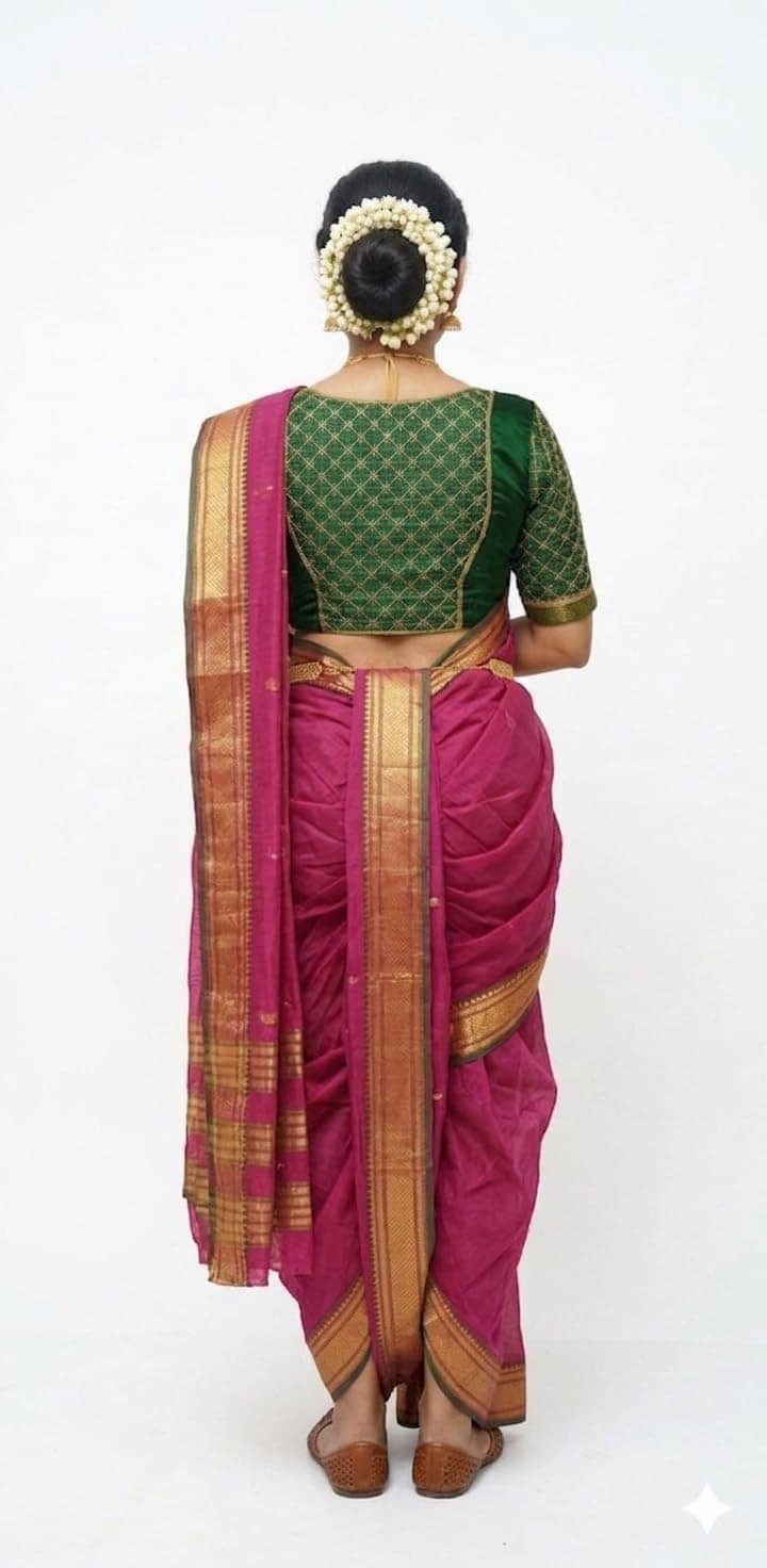 Mom and Me Women Acrylic Cotton Paithani Woven Mastani Nauvari Saree, Ready to Wear, Maharashtrian Marathi Style, Colours Blue, Green, Purple, Morpankhi, Orange, Pink, Red, Yellow (Pink) view 2
