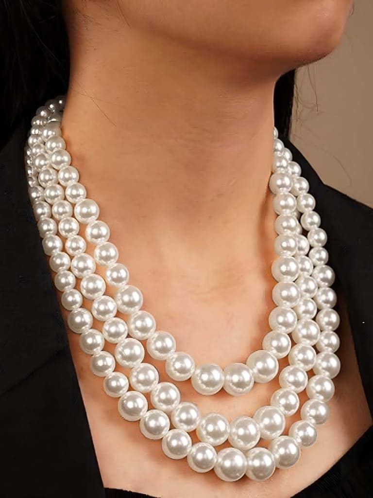 LUCKY JEWELLERY Fashion Jewelry for Women & Girls Three Layered Pearl Long Necklace Set|Pearl Necklace Set With Earrings|Birthday Gift Women Anniversary Gift for Wife Valentine Gift (400-CHSM-1294) view 4