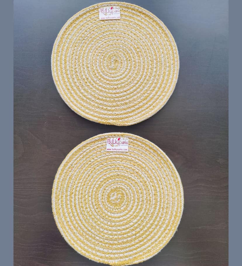 Round table mats cotton placemats (pack of 2) | Hotpads / trivets 9", Heat Resistant, Reversible Use (Yellow) by Bulky Santa
