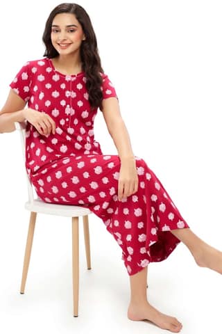 ZEYO Womens Cotton Navy Blue Leaf Printed Stylish Maxi Night Dress Nighty