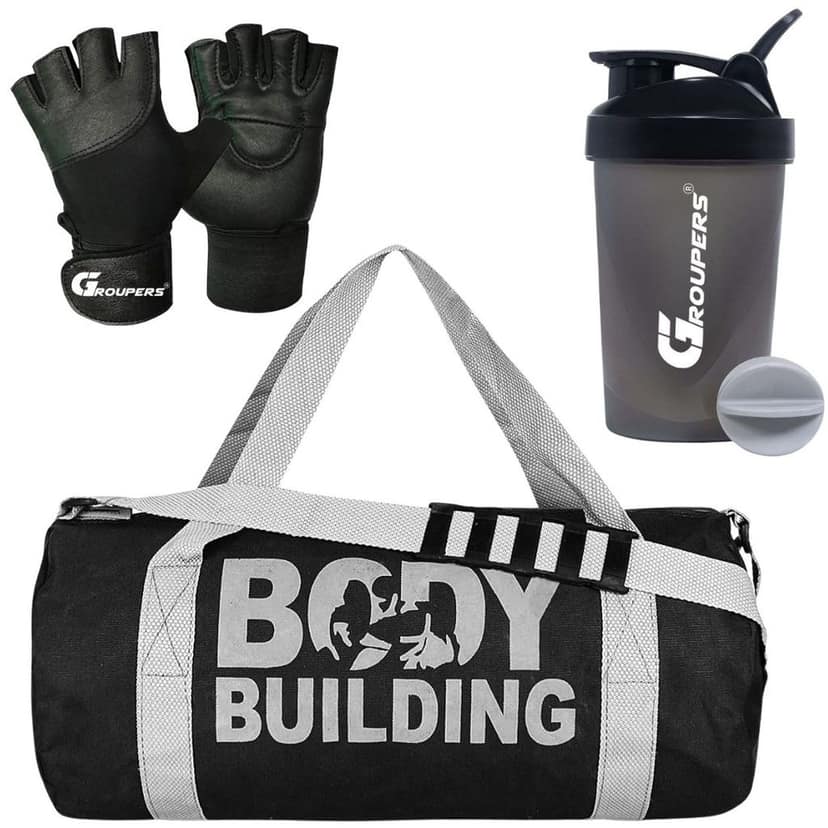 GROUPERS Duffle PU Leather Bag with Shaker Bottle-400ml & GloveslDuffle Bags Travel