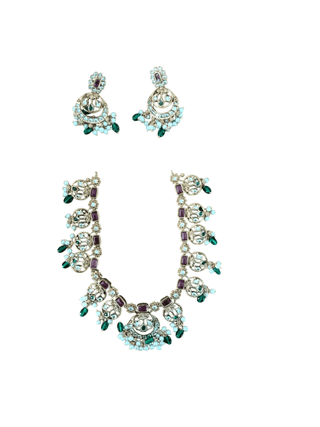 Exquisite Gold-Plated Kundan and Pearl Necklace Set with Green Stones