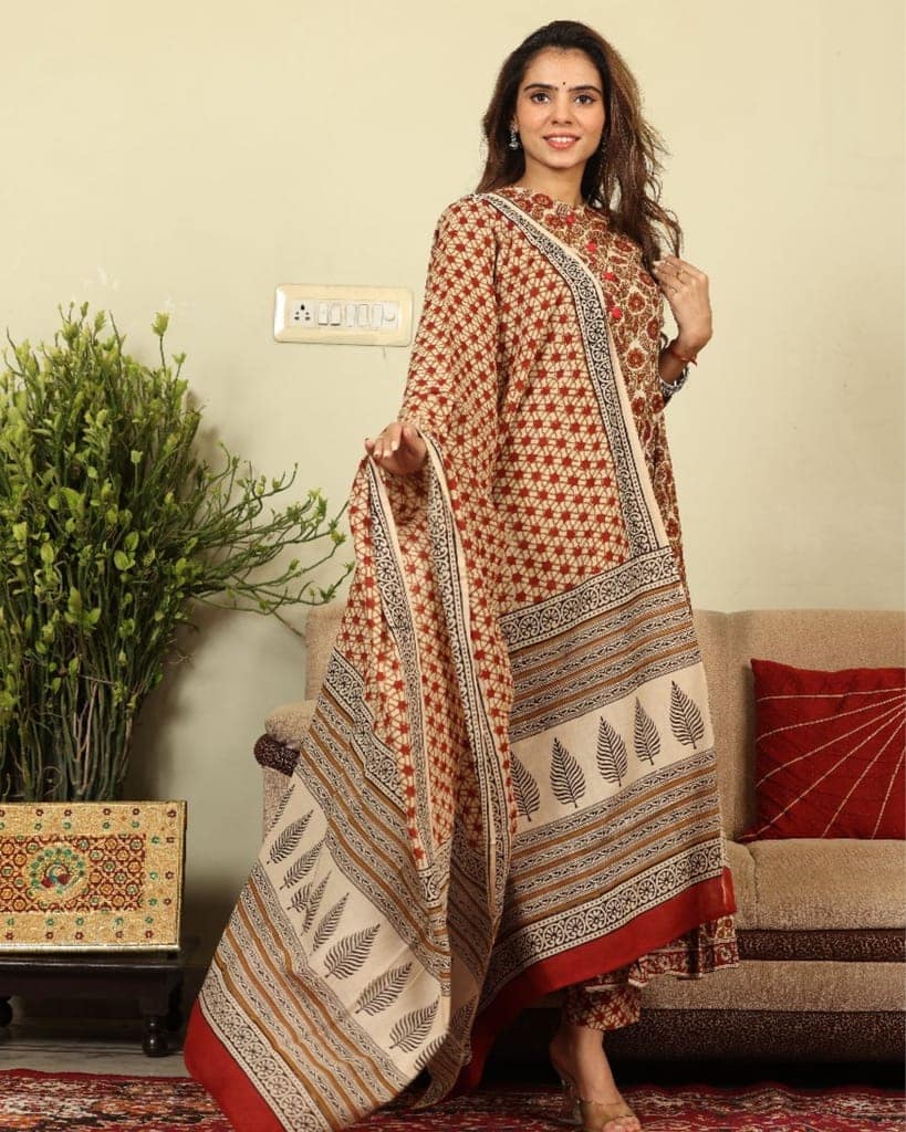 Anarakali Kurti Set Beige Color Bagru Handblock print with Mulmul Dupatta-7598 view 2