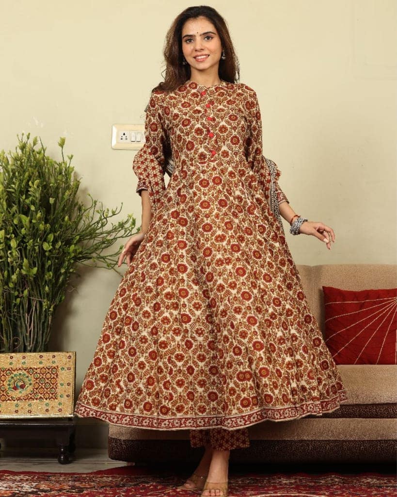 Anarakali Kurti Set Beige Color Bagru Handblock print with Mulmul Dupatta-7598 view 3
