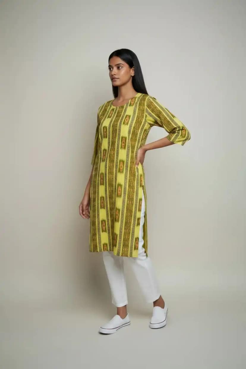 Handwoven Sambalpuri Cotton Kurti in Green and Yellow with Bandhakala view 2