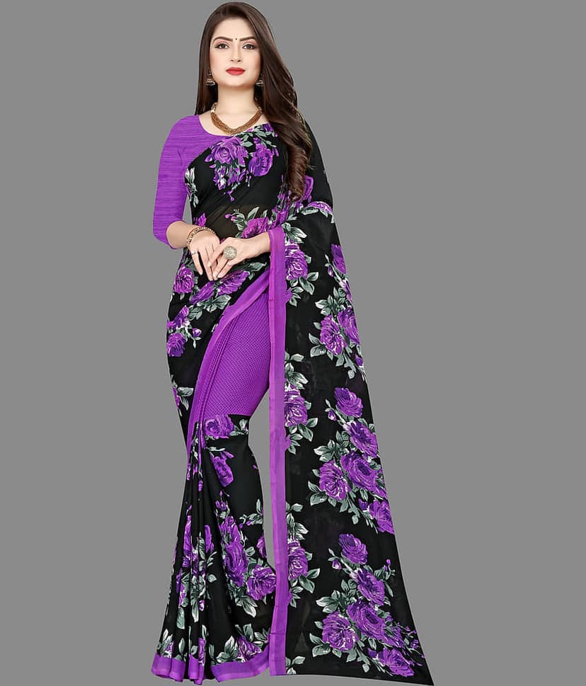 ANAND SAREES Georgette Printed Saree With Unstitched Blouse Piece ( Purple )