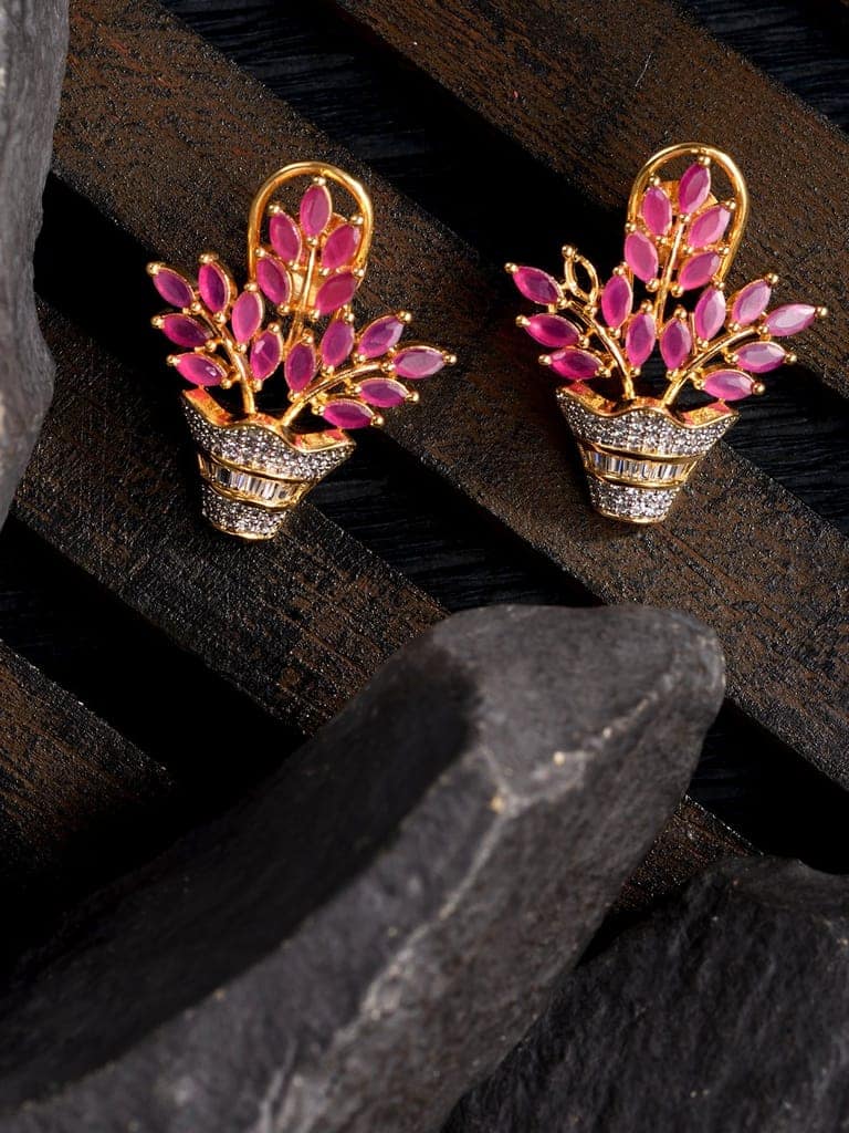 Gold Plated Red AD Studded Flower Bouquet Shaped Stud Earrings view 2