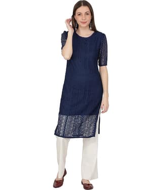 NUEVOSDAMAS Blue Cotton Blend Straight Kurti - Single