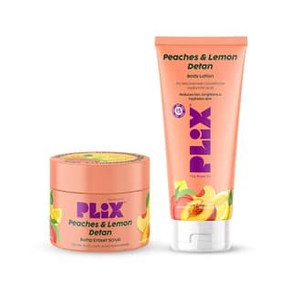 PLIX - THE PLANT FIX | Peaches & Lemon Detan Bump Eraser Scrub (200g) & Detan Body Lotion SPF 15 (200ml) | Removes Tan & Restores Skins Moisture, Reduces Dark Spots, Uneven Skin Tone PLIX - THE PLANT FIX | Peaches & Lemon Detan Bump Eraser Scrub (200g) &