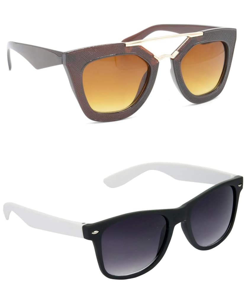 Hrinkar Unisex Rectangular Sunglasses Golden & White Frame, Brown & Grey Lens (Medium) - Pack of 2