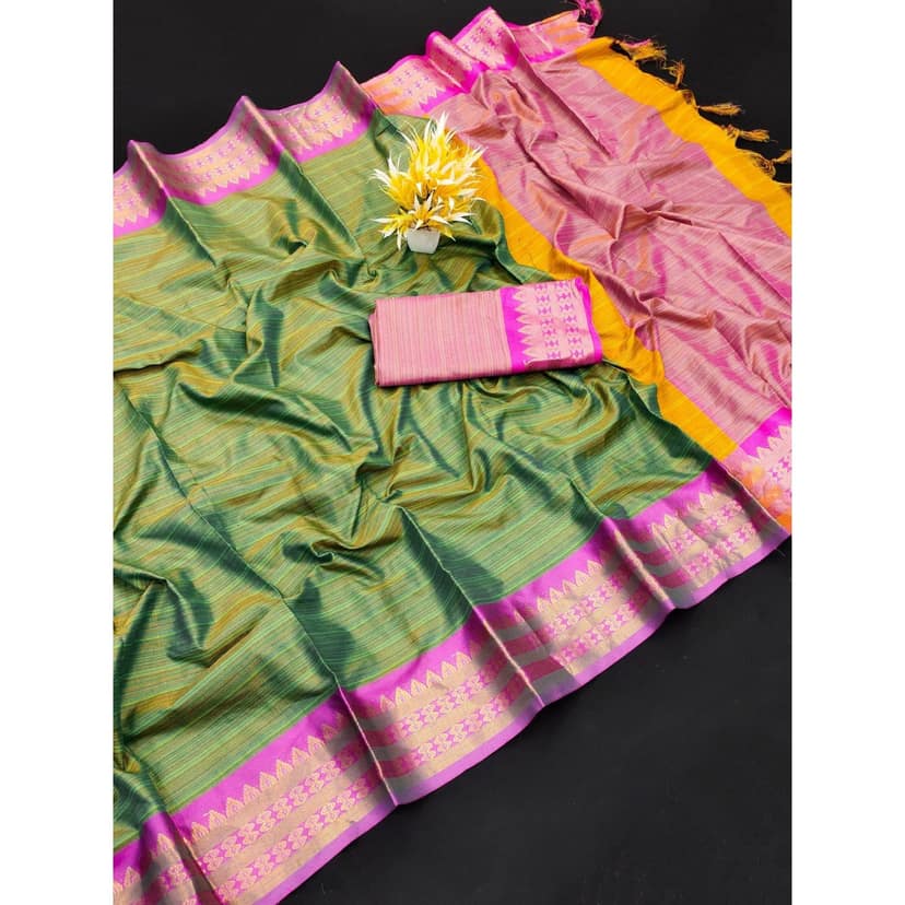 TheHangr Beautiful Festive Wear Saree With Blouse Piece Green With Pink Border