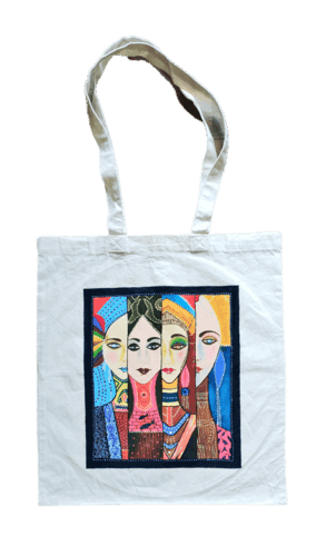 Hand Painted Lady Faces On Cotton Bag