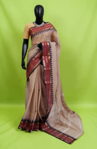 Handwoven Kanchipuram Cotton-Silk Saree in Beige with Blue Border