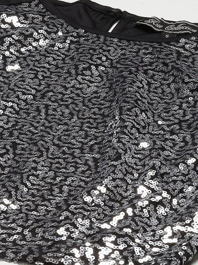 Black & Silver-Toned Embellished Sequined Crop Top view 2