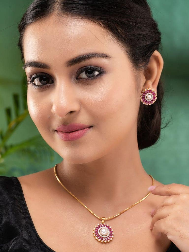 Women Pink & White Gold Plated AD & Pearl Studded Jewellery Set view 2