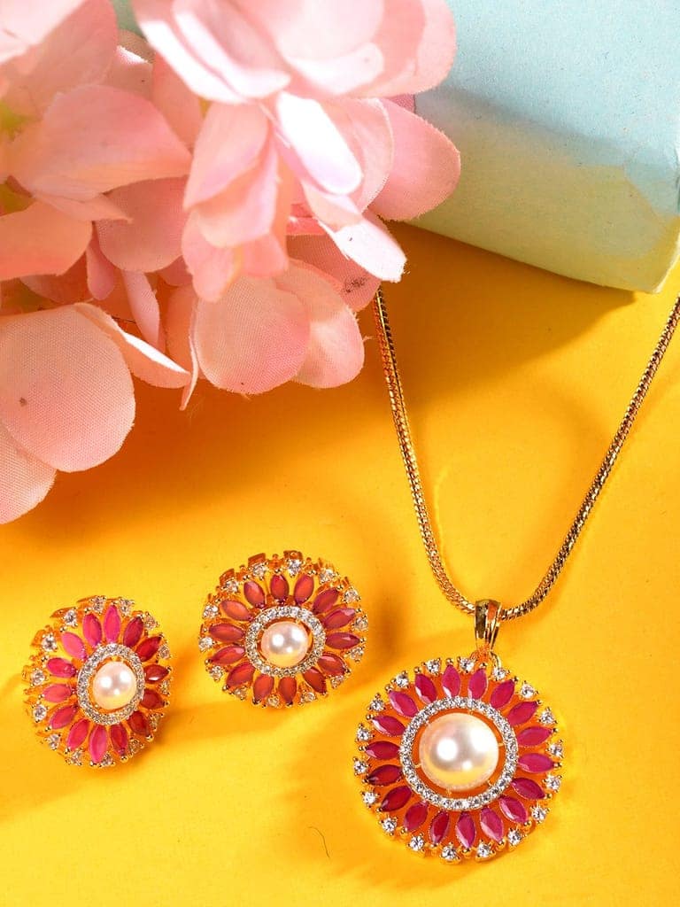 Women Pink & White Gold Plated AD & Pearl Studded Jewellery Set view 3