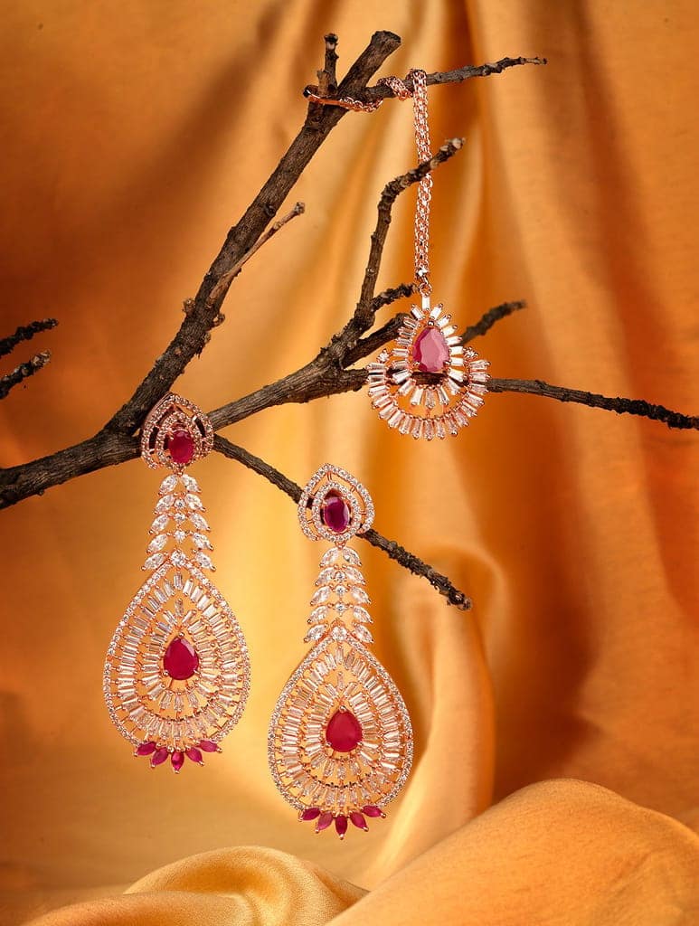 Rose Gold plated Red AD studded Leaf Design Mangtika & Earring set view 2