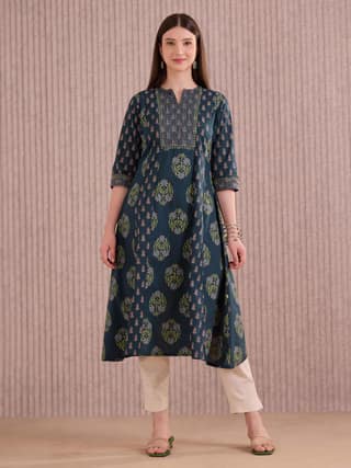 Navy Blue Cotton Printed Flared Kali Cut Kurthi With Embroidery