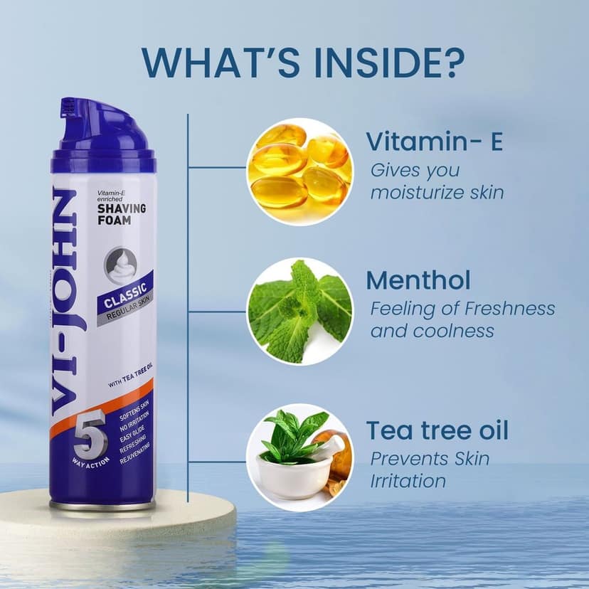 VI- JOHN Shaving Foam For Men, Classic Regular Shaving Foam With Goodness of Nature, Tea Tree Oil, Vitamin E Enriched and Anti- Bacterial Formula (200gm- Pack of 1) view 3