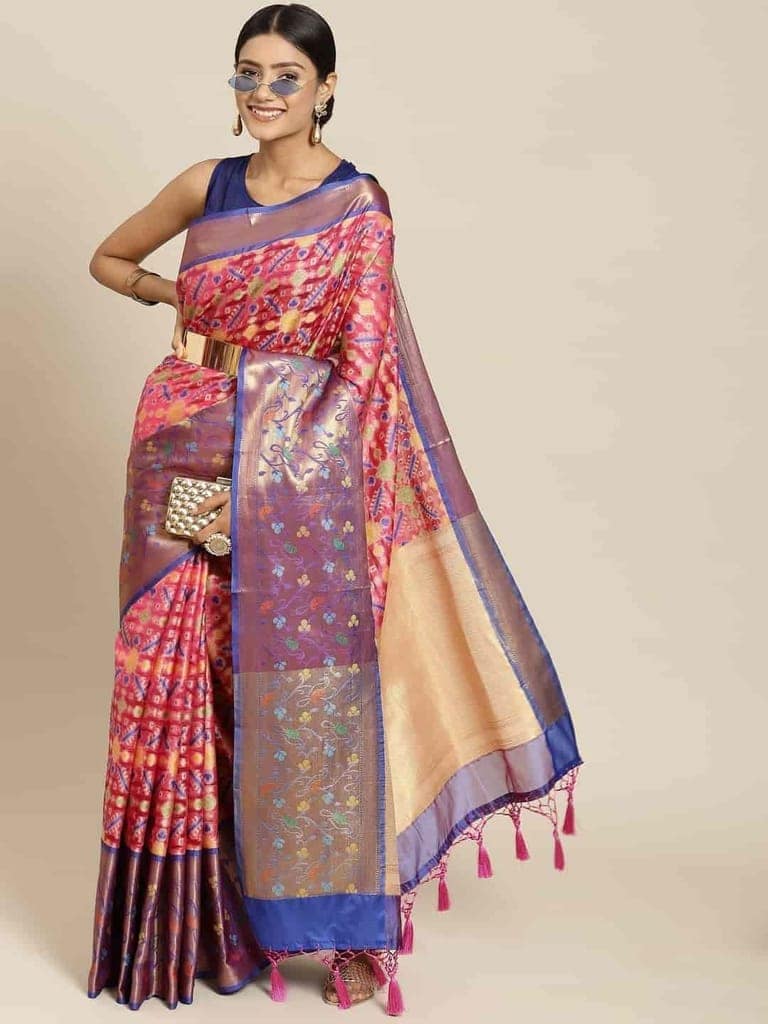 Women's Ikkat Designer Silk Saree With Unstiched Blouse Piece